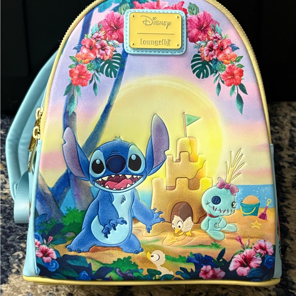 Loungefly Disney Stitch Beach Scene Kids Backpack - Blue and Yellow